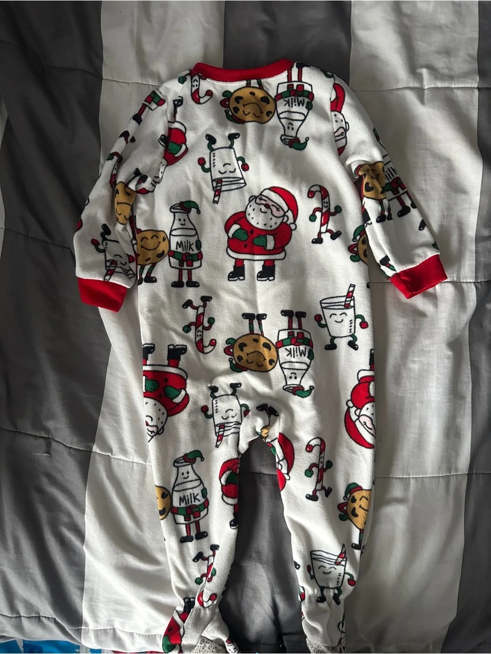 Kids Holiday Footed One-Piece Pajamas - White with Red Trim